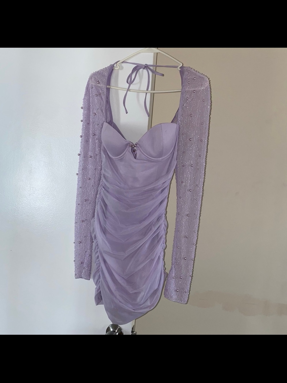 Oh Polly Lilac Ruched Mesh Mini Dress with Beaded Sheer Sleeves